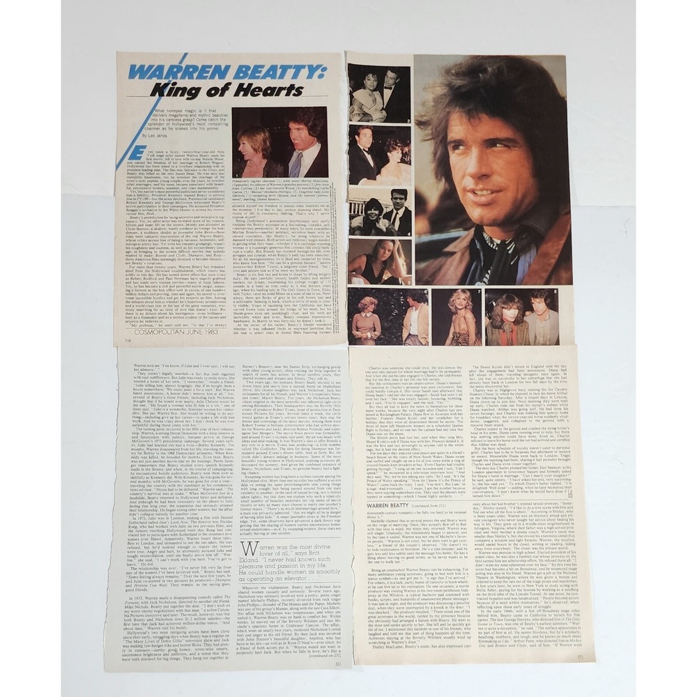 Warren Beatty Cosmopolitan June 1983 4-page article clipping 8x10.5
